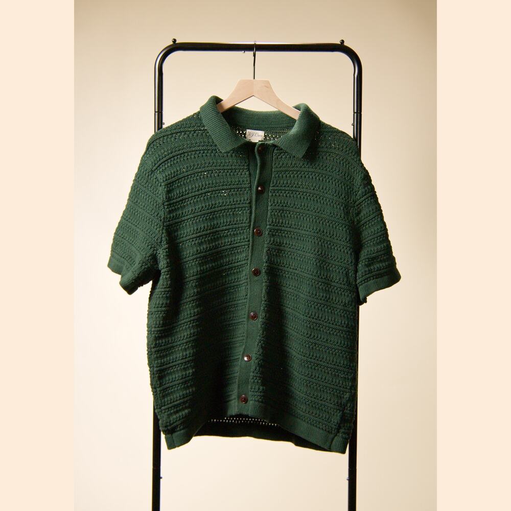 J.Crew Men's L Forest Green Open Knit Short Sleeve Button Up Sweater Polo